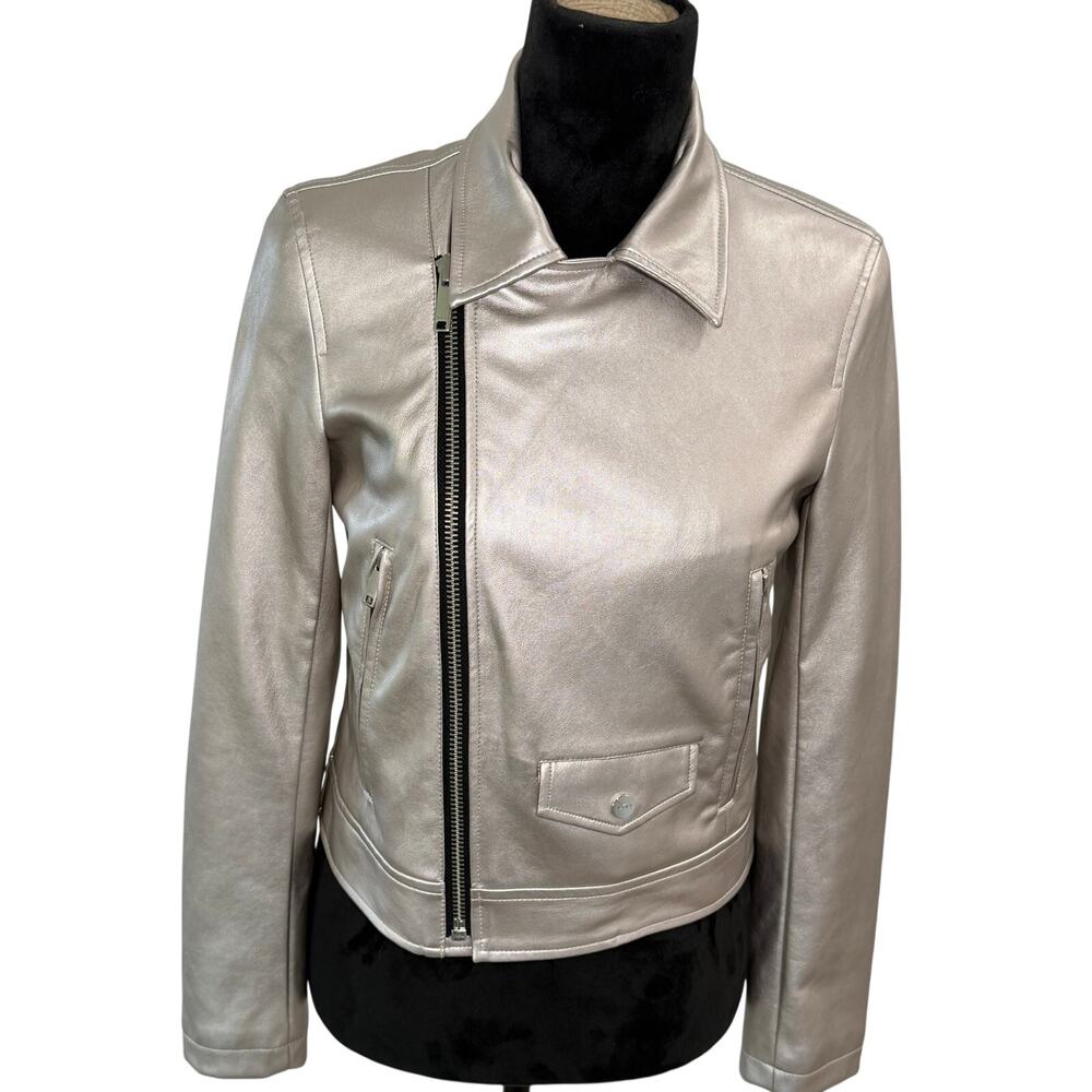 DKNY Metallic-Silver Moto Faux Leather Asymmetric Zip Biker Jacket XS